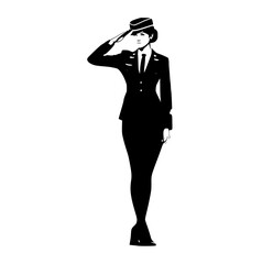 a silhouette of a female soldier saluting, wearing a military uniformarmy, black, business suit, dress, gun, hat, pilot, profile, salute, stand, sun hat, uniform, wear, woman 