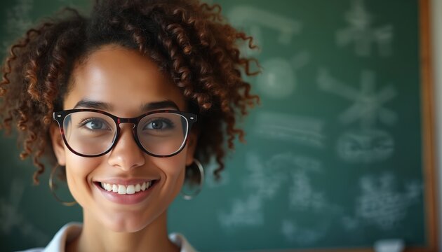 Young Brazilian woman teacher smiles wearing glasses in classroom. She has curly hair and stands by chalkboard. Represents education, learning, and professional women. - Powered by Adobe