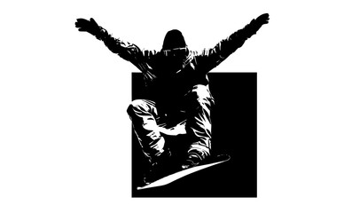 a silhouette of a snowboarder jumping in the air with their arms raisedarm, black, jump, man, person, profile, ramp, ride, skateboard, skateboarder, slide, snowboard, snowboarder, trick 
