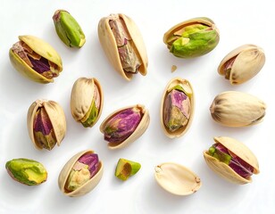 Close-up of open pistachios scattered on a bright white surface