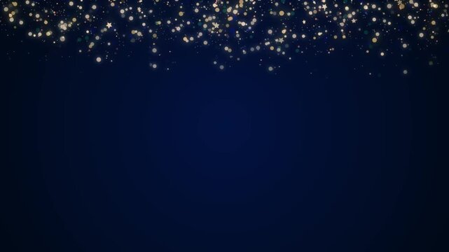 Dark Blue Christmas Background with Falling Gold Glitter Particles.
