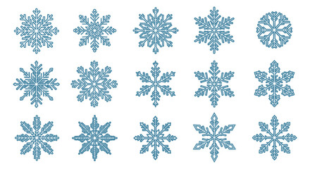 Collection of intricate blue snowflake designs in various symmetrical patterns on a white background