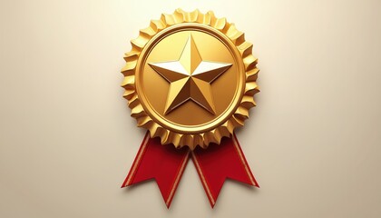 Gold medal with star and red ribbon award. Celebrates achievement success and victory. Represents top prize or recognition. Can be used for contests competitions and achievements.
