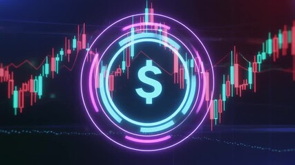 Digital dollar sign with glowing neon rings over financial stock market charts, representing cryptocurrency and global finance. - Powered by Adobe
