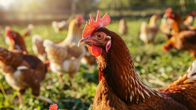 A close-up of a brown hen in a green field with other chickens in the background. The scene captures a sunny day on a farm.