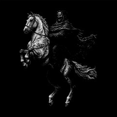 hooded skeletal rider mounted on a rearing horse. The flowing cloak, intense contrast, and detailed stippling give the artwork a haunting, gothic atmosphere reminiscent of mythic death riders.