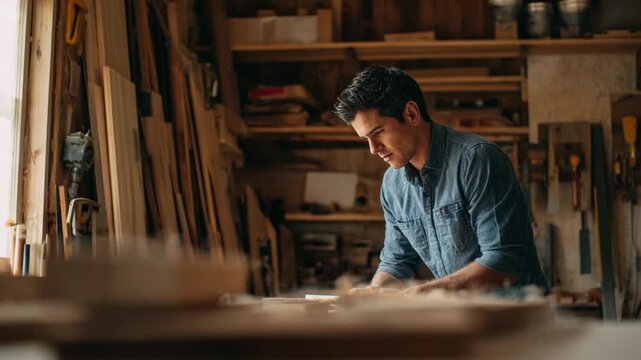 Craftsman at Work: A skilled artisan, engrossed in his craft, meticulously shapes wood with practiced hands, the workshop a haven of creativity and expertise.