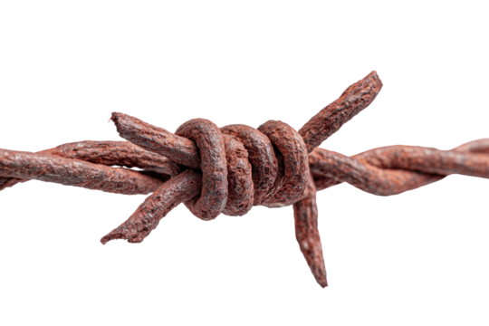 Close-up rusty barbed wire knot against dark backdrop