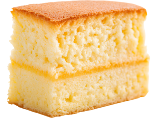 Slice of yellow sponge cake isolated on transparent background, perfect for dessert and bakery visuals..