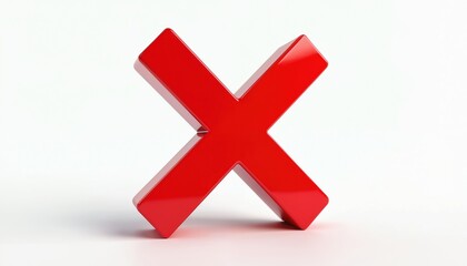 Fototapeta premium Bold red X mark on clean white backdrop. Simple cross symbol indicates negation rejection or incorrect answer. Useful for design choices error messages or warnings.