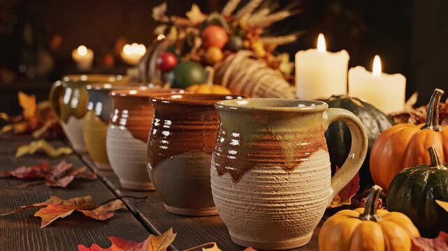 Rustic Autumn Table Setting with Mugs, Pumpkins, and Candles.