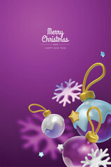 Elegant Christmas greeting card with golden ornaments and white snowflakes on a clean minimal background for festive holiday design