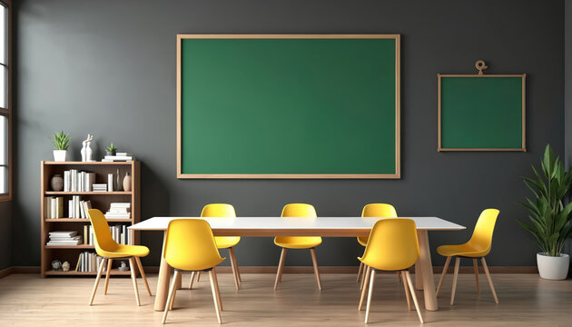 Modern classroom interior with yellow chairs around white table. Large green chalkboard and bookshelf visible on grey wall. Empty space for text and learning.