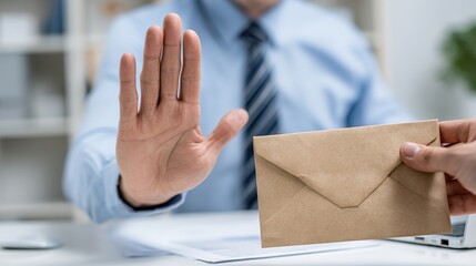 Businessman refusing brown envelope bribe at white office desk, raising hand in rejection gesture, symbolizing anti-corruption, integrity, and honesty concept for International Anti-Corruption Day