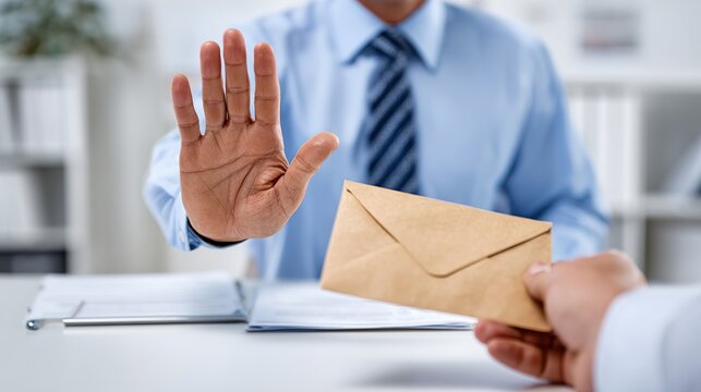 Businessman refusing brown envelope bribe at white office desk, raising hand in rejection gesture, symbolizing anti-corruption, integrity, and honesty concept for International Anti-Corruption Day