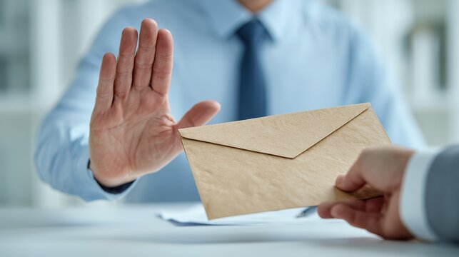 Businessman refusing brown envelope bribe at white office desk, raising hand in rejection gesture, symbolizing anti-corruption, integrity, and honesty concept for International Anti-Corruption Day