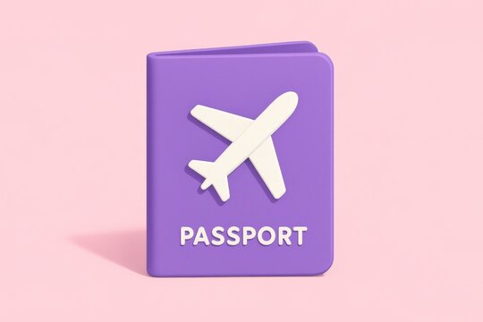 Passport and airplane: A 3D render of a passport. Featuring an airplane icon, it symbolizes the freedom and adventure of international travel, set against a simple backdrop.