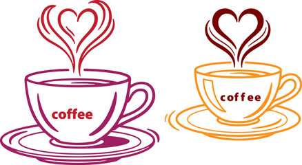 Two cups of coffee with heart shaped steam illustration on transparent background