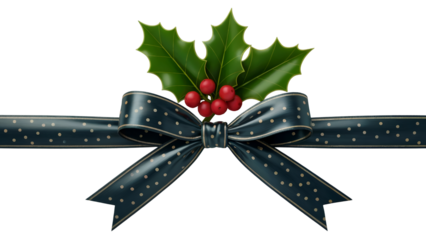 Dark blue festive bow with golden polka dots and holly sprig featuring red berries isolated on transparent background