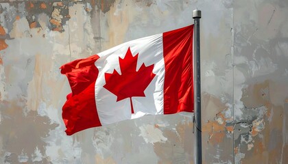 A red and white maple leaf banner waves proudly against a weathered textured wall in daylight, capturing a sense of national identity