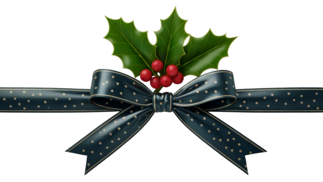 Dark blue festive bow with golden polka dots and holly sprig featuring red berries isolated on transparent background