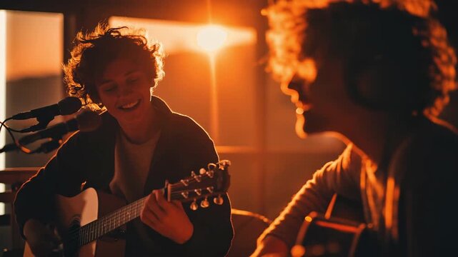 Young woman with curly hair singing and playing guitar in warm sunset light, creating a joyful atmosphere