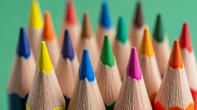 Closeup of sharpened colored pencils in a variety of colors