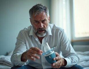 Mature man with beard looks frustrated holding CPAP machine. He has breathing problems and sleep apnea. Medical device helps him sleep and breathe.