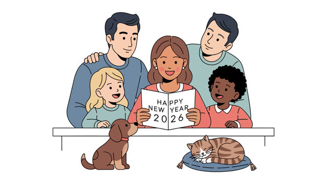 New Year's Family Gathering: A heartwarming illustration of a family gathered together celebrating the New Year. The scene radiates warmth and togetherness.