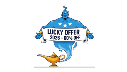 Lucky Offer Genie Illustration: An illustration captures the essence of a lucky offer with a charming genie, emerging from his lamp, presenting a banner announcing a special discount.