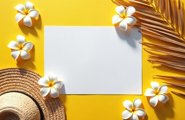 Blank greeting card rests on bright yellow background with tropical plumeria flowers and dried palm leaf. Straw hat placed on lower left corner near card.