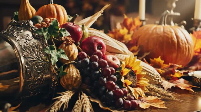 Thanksgiving Cornucopia - A Bountiful Harvest Display with Pumpkins, Grapes, and Autumn Leaves.