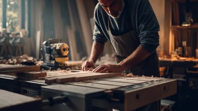 Crafting Creations: A skilled carpenter meticulously works on a piece of wood, bringing his artistry to life within a workshop setting, surrounded by tools and equipment.
