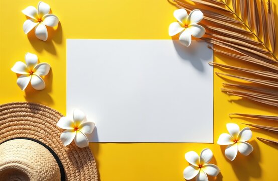 Blank greeting card rests on bright yellow background with tropical plumeria flowers and dried palm leaf. Straw hat placed on lower left corner near card.