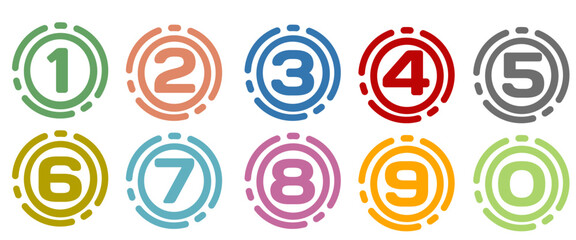 Set of bullet point design elements from numbers 0 to 9. Collection of colorful number marker designs. Vector illustration.