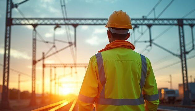 Railway worker in yellow vest and hard hat inspects overhead power lines at sunset. Man stands by train tracks, overseeing infrastructure maintenance during golden hour light. - Powered by Adobe