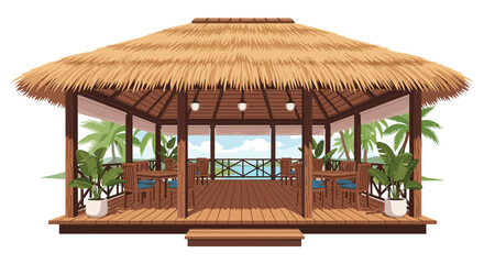Tropical beach restaurant with thatched roof and ocean view, perfect for vacation vibes and travel promotions, serene getaway atmosphere