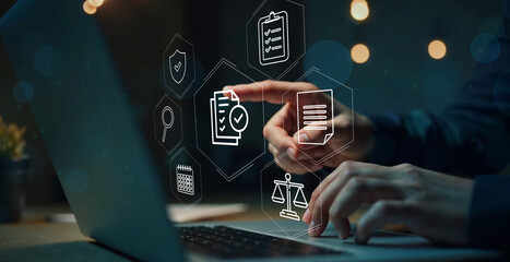 Business audit concept, Compliance with internal organization financial services regulation,...