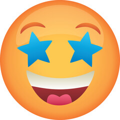 Excited Orange Emoji Face With Blue Star Eyes and Wide Grinning Mouth On Transparent Background
