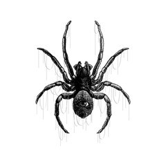 spider with a single large eye on its cephalothorax. The detailed stippling, hanging silk threads, and eerie anatomical fusion create a haunting mix of fantasy and horror.
