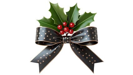 Elegant black bow adorned with green holly leaves and vibrant red berries for festive decoration isolated on transparent background