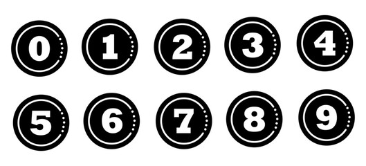 Collection of bullet points, number font icons. Vector set of bullet points numbers 0 to 9. Colored in black. Vector illustration.