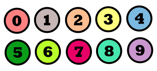 Set of colorful number bullet points, number font icon. Vector set of bullet points numbers 0 to 9. Vector illustration.