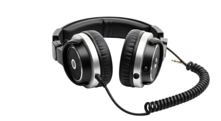 Professional studio monitor headphones with coiled cable isolated on transparent background