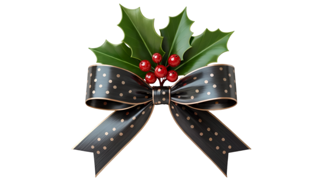 Elegant black bow adorned with green holly leaves and vibrant red berries for festive decoration isolated on transparent background