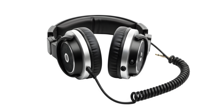 Professional studio monitor headphones with coiled cable isolated on transparent background