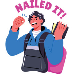 Excited Young Student With Backpack Celebrates Success Holding Books Showing Thumbs Up With Nailed It Text Overhead In Bold Pink Font Against White Background