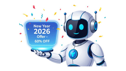 Robotic Greetings for 2026: A futuristic robot holds a glowing holographic display advertising a New Year 2026 Offer - 60% OFF