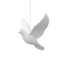 Fototapeta premium Elegant white ceramic dove figurine, a symbol of peace and hope, hanging as a Christmas tree decoration on a clean background