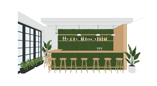 Chic bar area with modern stools and a green wall, perfect for restaurants and cafes wanting a stylish atmosphere and inviting place to unwind